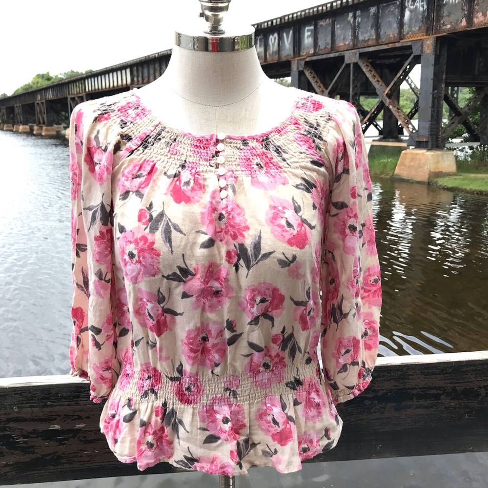 Izod Floral Ruched Button Blouse Top Small